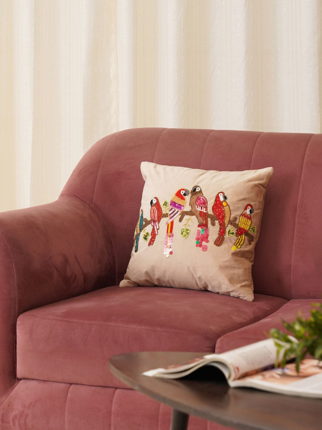 HOME 360-2025 Beige Parrot Embellished Velvet Square Cushion Cover