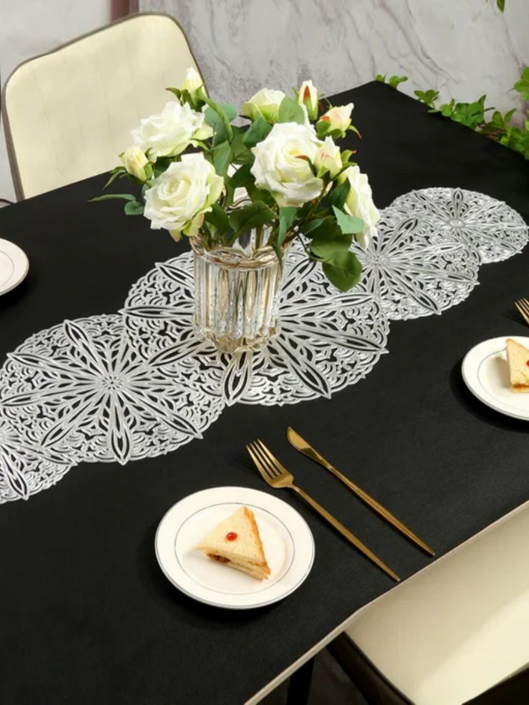 TANLOOMS Silver Toned Floral Textured Coffee Table Runner