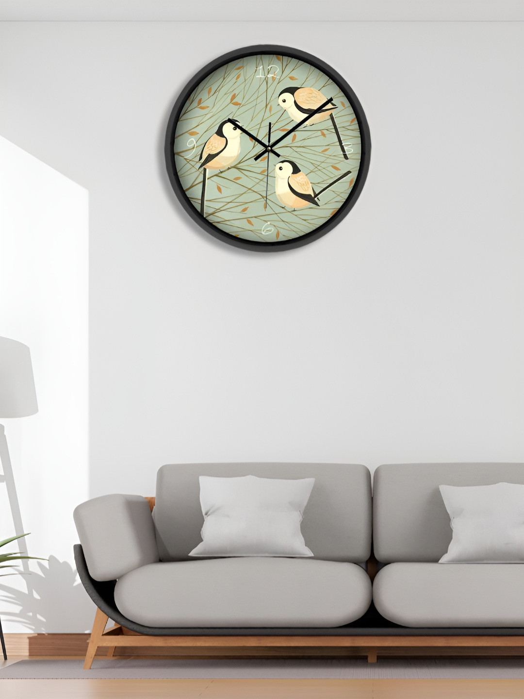 OLIVE TREE Black & Green Sparrows Printed Round Shaped Contemporary Wall Clock