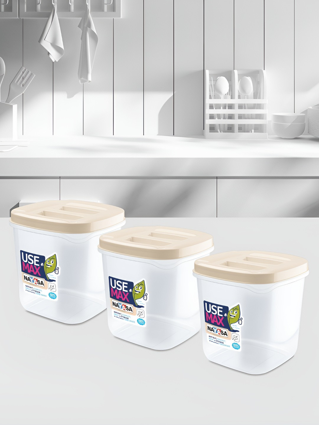 Nayasa Set of 3 Beige Kitchen Storage Air Tight Plastic Containers - 550 ML