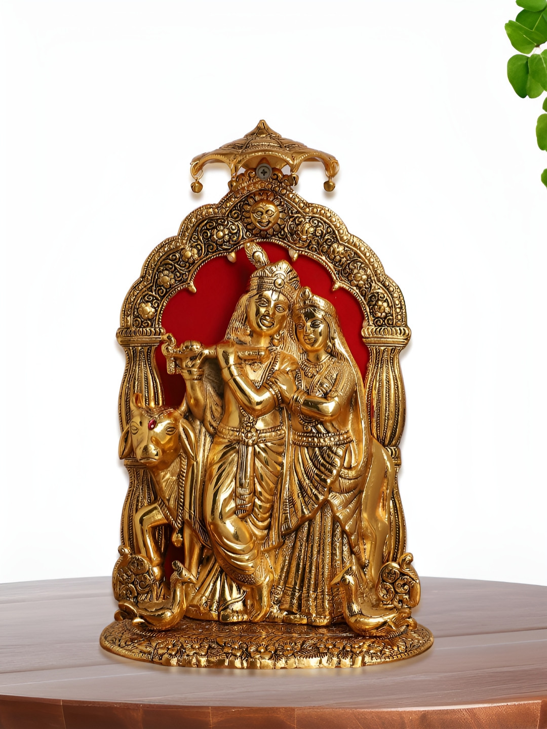 INTERNATIONAL GIFT Radha Krishna with Ornate Arch Frame and Cow Gold Polyresin Matte Prayer Room Medium Showpiece - 5.1 Inches