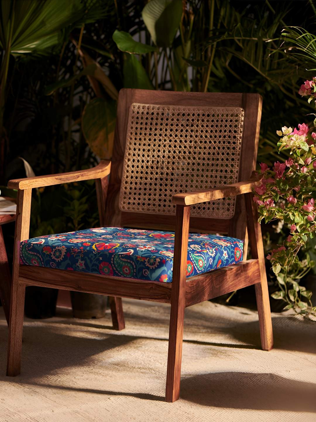 Chumbak French Rattan Blue & Red Paisley Printed Arm Chair