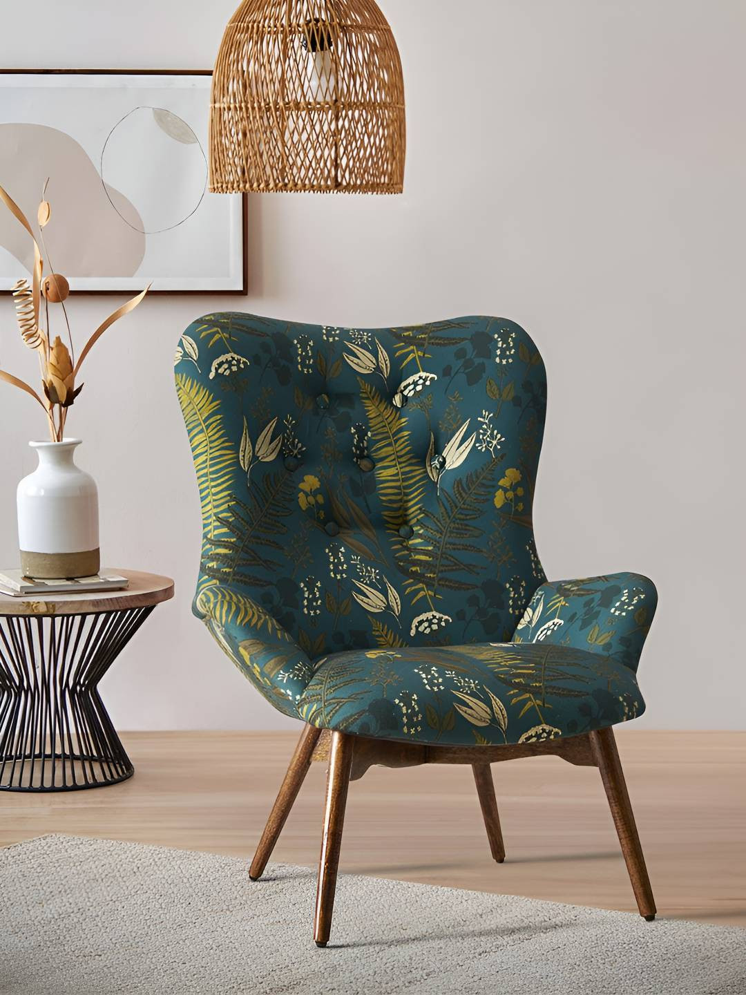 Chumbak Green & Beige Ferns Mid Century Modern Wing Chair