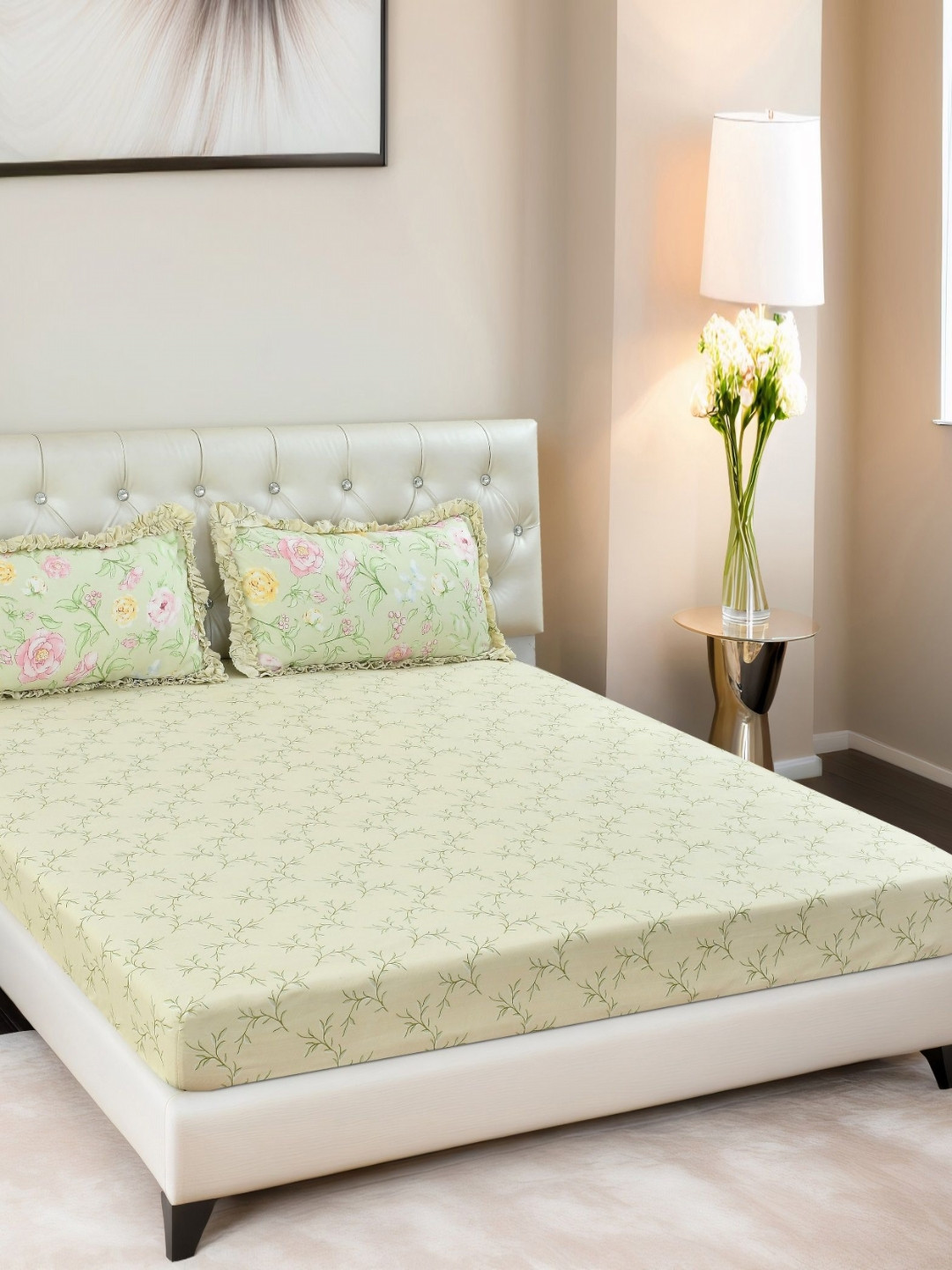 Innovative Edge Premium Green Floral Cotton Shrink Resistant 160 TC Fitted King Superfine Bedsheet with 2 Pillow Covers-198.12 x 182.88 cm
