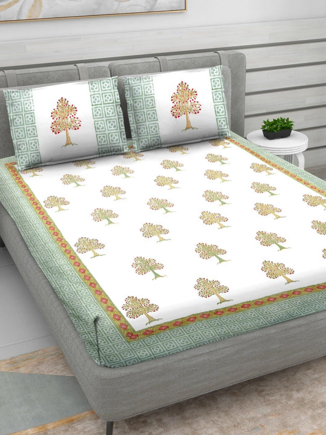 Myntra Elegant Homes RR Creations White Floral 400 TC King Bedsheet Set 2.28 m x 2.74 m