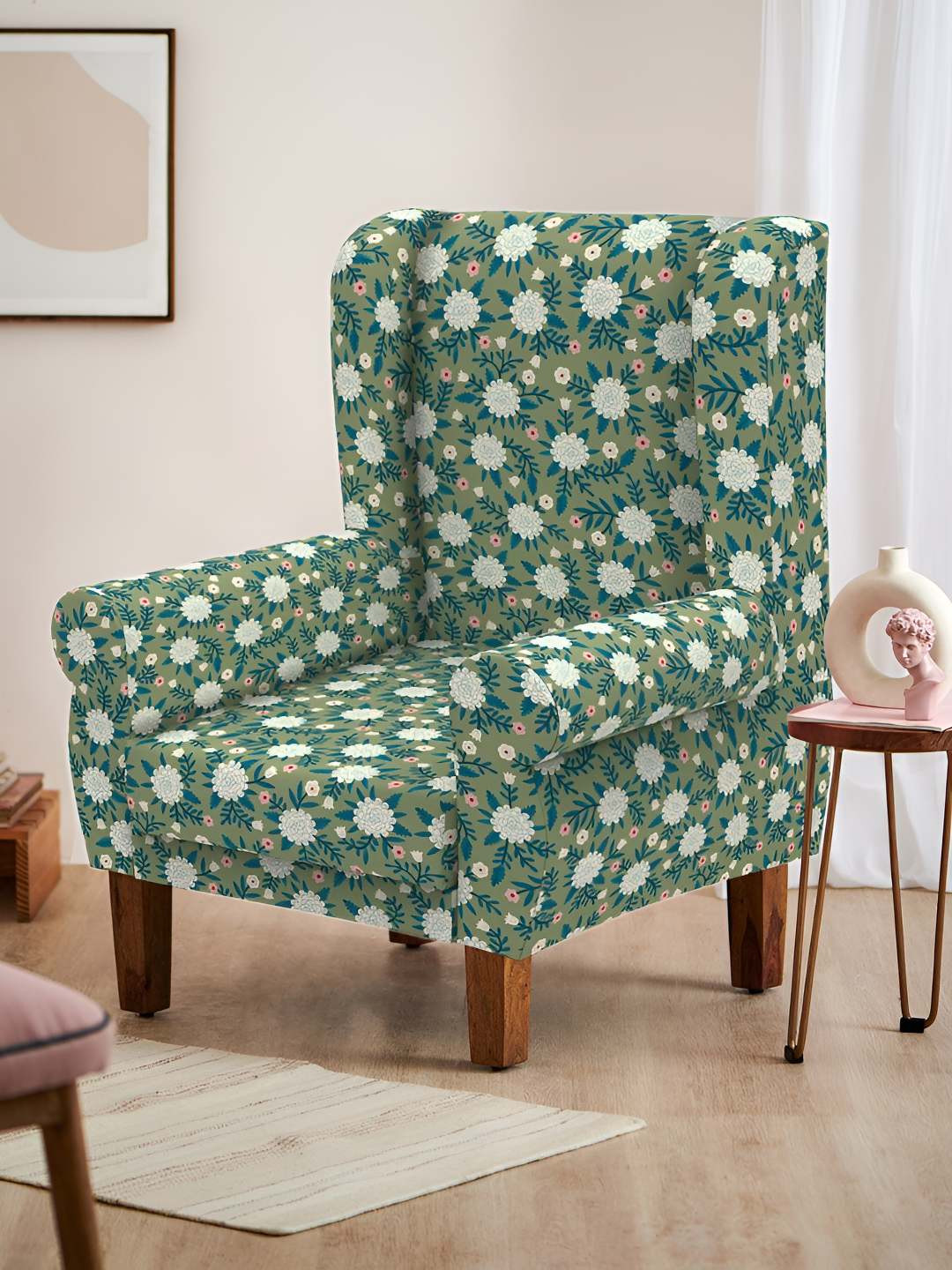 Chumbak Marigold Green & White Spring Begum Wing Chair
