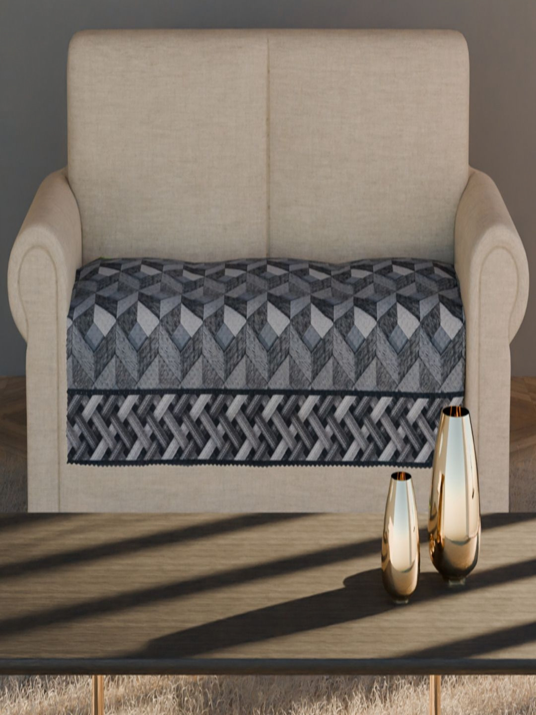 Fashion Throw Grey and Black Geometric Printed Velvet Sofa Cover