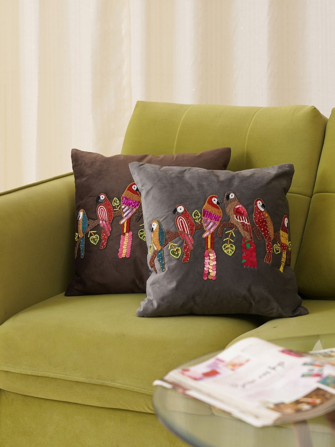 HOME 360 Grey & Pink Quirky Embellished Velvet Square Cushion Covers