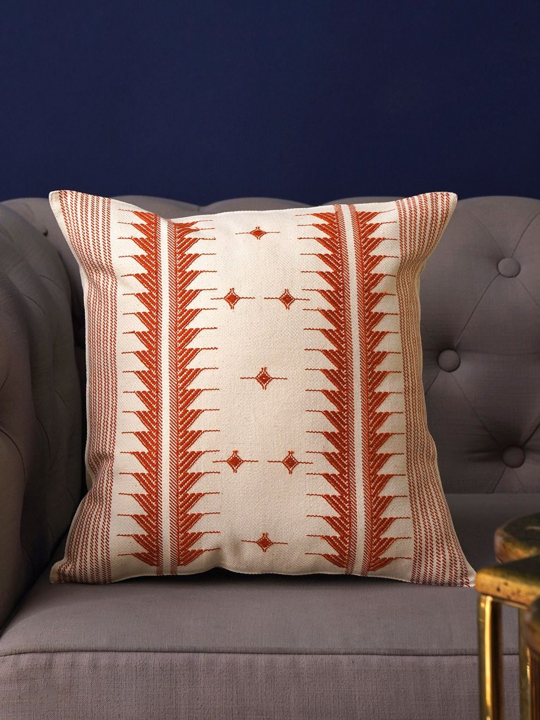 JAYPORE Red & White Embroidered Cotton Pre-Filled Cushion
