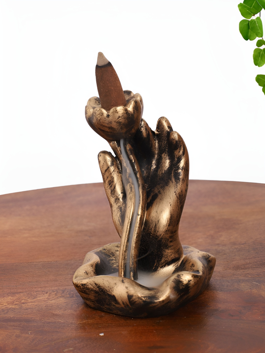 INTERNATIONAL GIFT Flower on Hand Back Flow Smoke Fountain Gold Polyresin Glossy Living Room Small Showpiece - 4 Inches