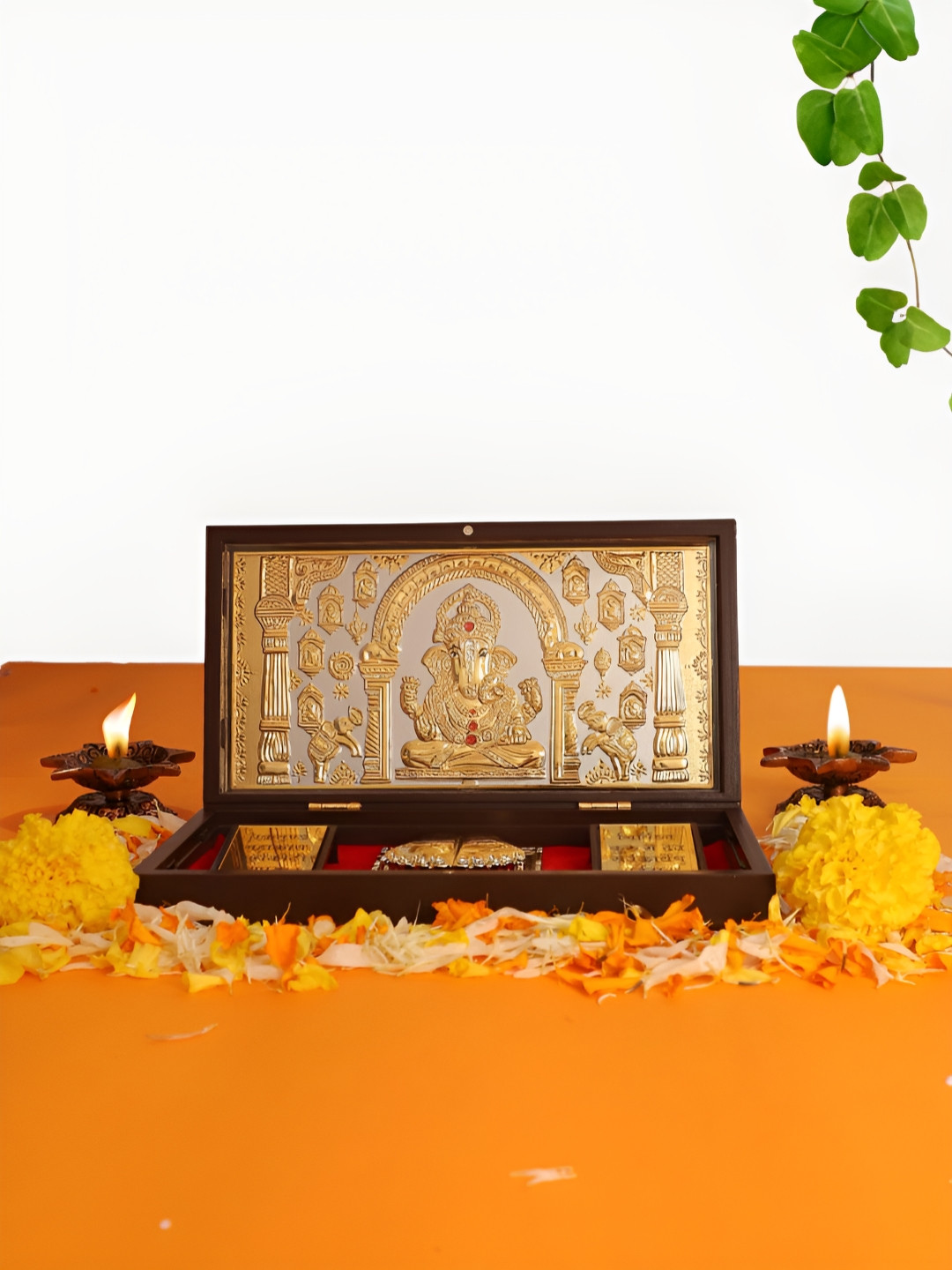 INTERNATIONAL GIFT Lord Ganesh Frame with Charan Paduka Gold Metal Metallic Prayer Room Large Showpiece - 5 Inches