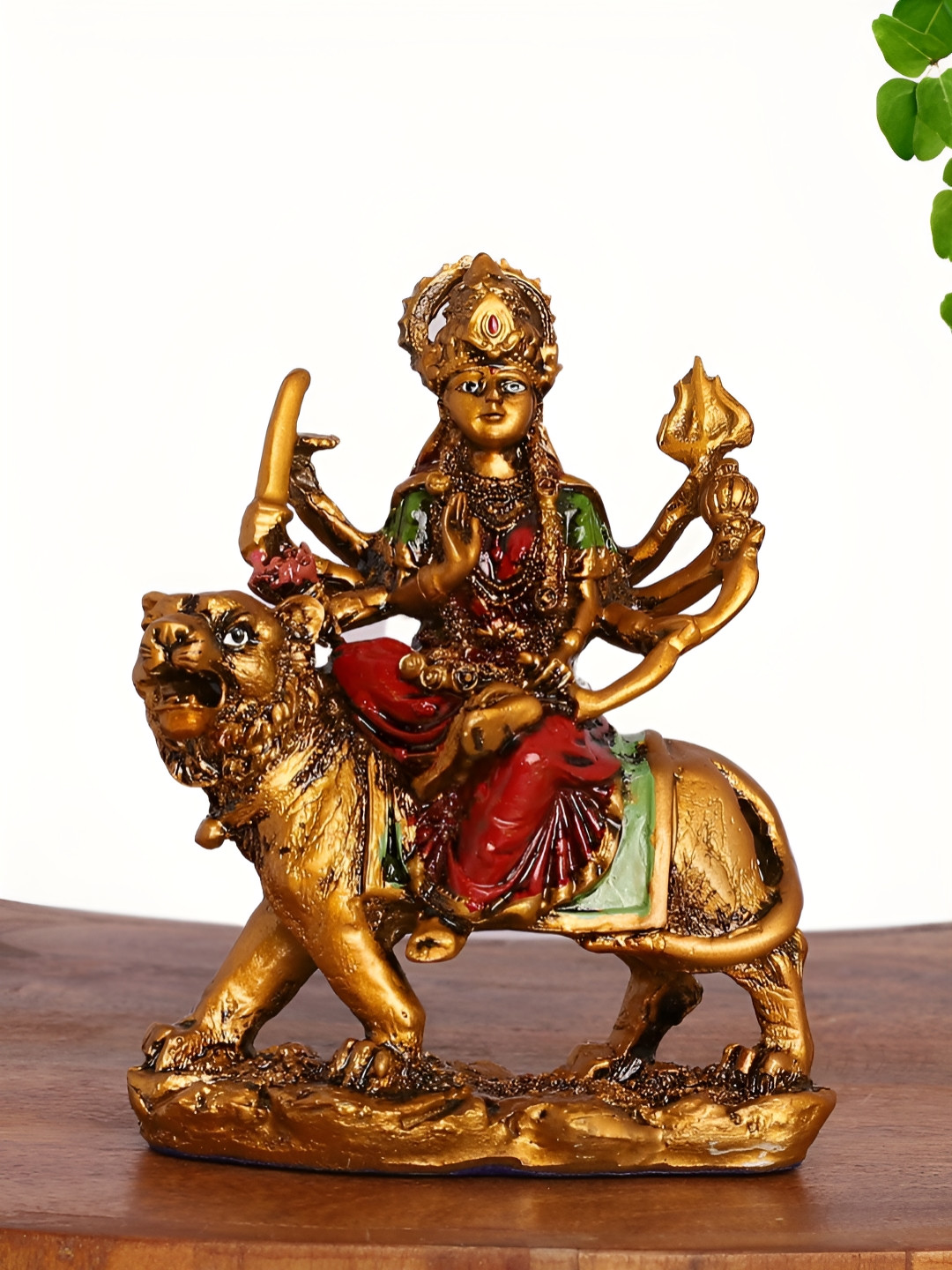 INTERNATIONAL GIFT Goddess Durga on Lion Gold Polyresin Natural Prayer Room Medium Showpiece - 6 Inches