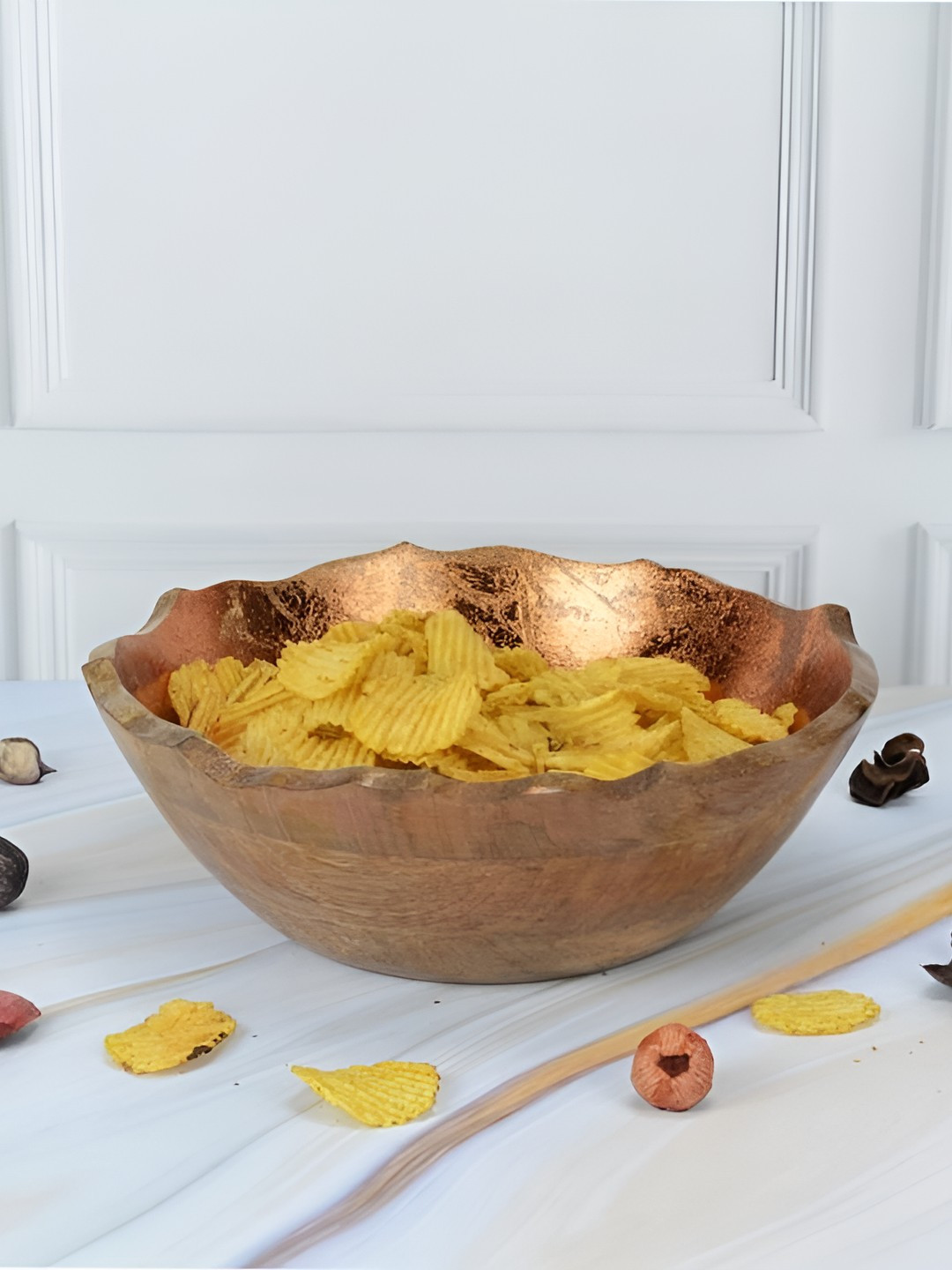 Maison Modern Copper-Toned & Brown Wooden Foiling Orichalcharm Serving Bowl