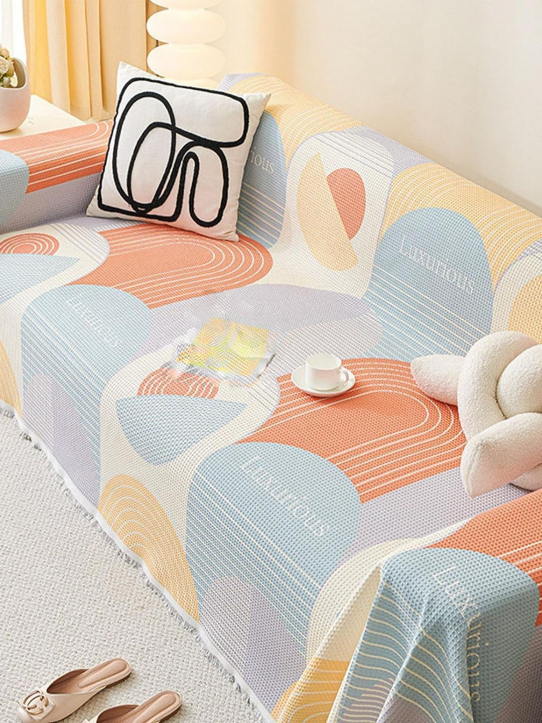 HOUSE OF QUIRK Blue & Orange Printed Double Seater Sofa Mat With Arms