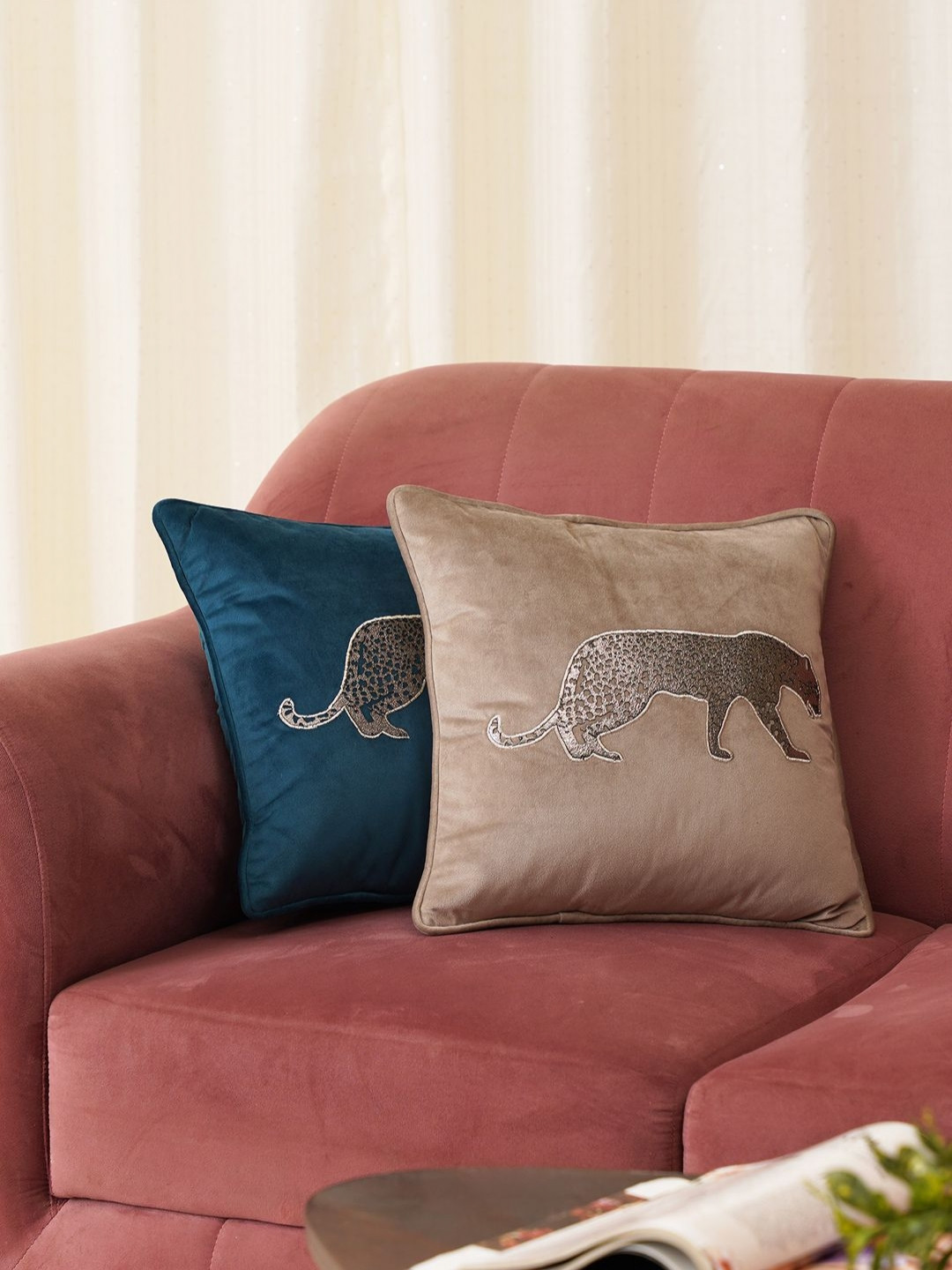 HOME 360 Brown Panther Embroidered Velvet Square Cushion Covers