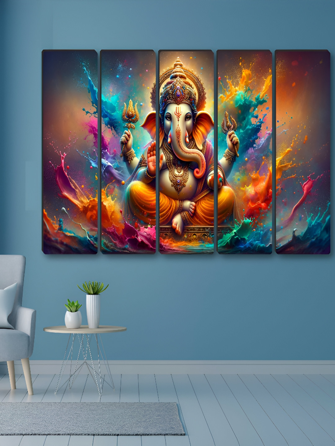 Aura Ganesha Synthetic Wood 5 Pcs Wall Rectangle Paintings Wall Art - 10x30In