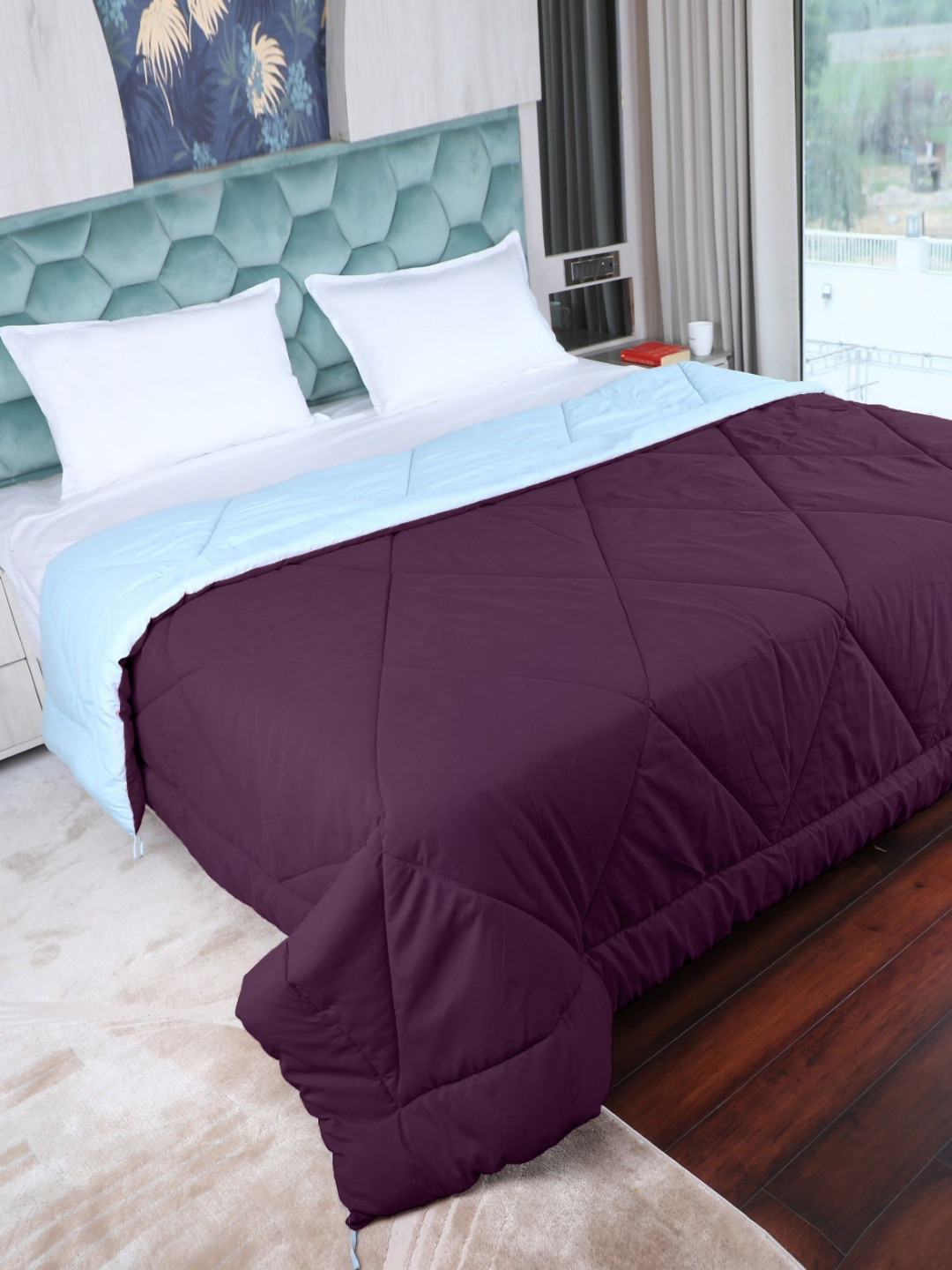AJISH Turquoise Blue & Burgundy Checked 210 GSM AC Room Reversible Single Bed Comforter