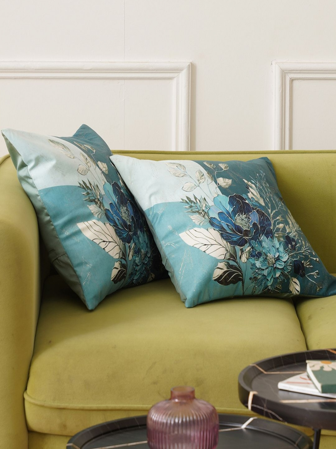 HOME 360 Blue 2 Pieces Floral Printed Velvet Square Cushion Covers