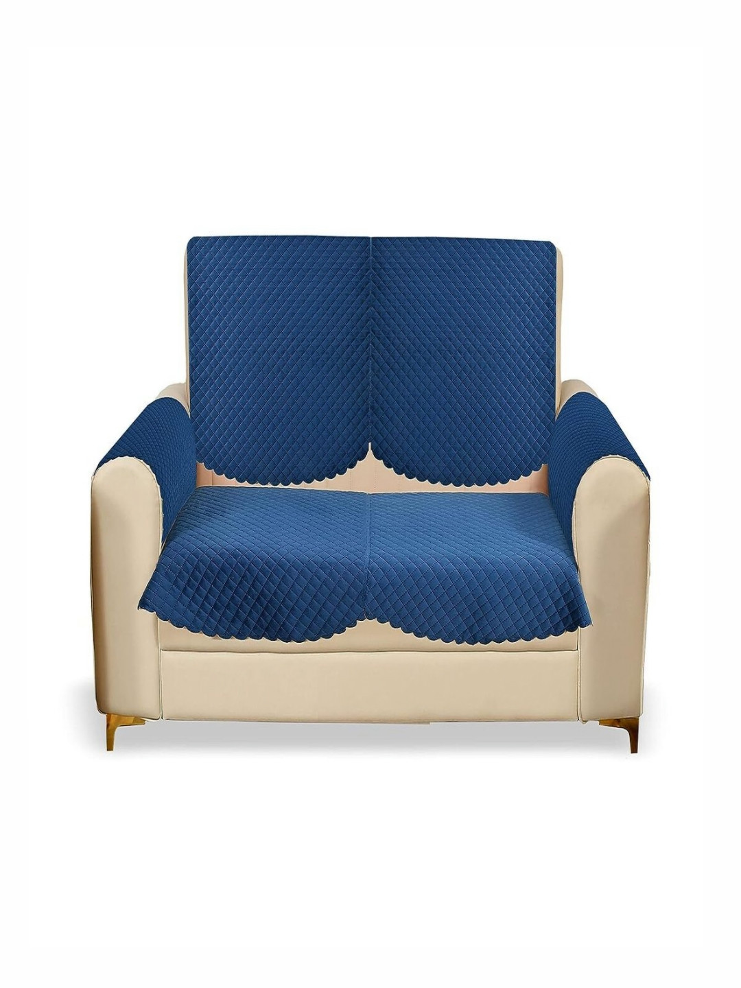 Fashion Throw Navy Blue 4 Pieces Quilted Two Seater Velvet Sofa Covers With Arms