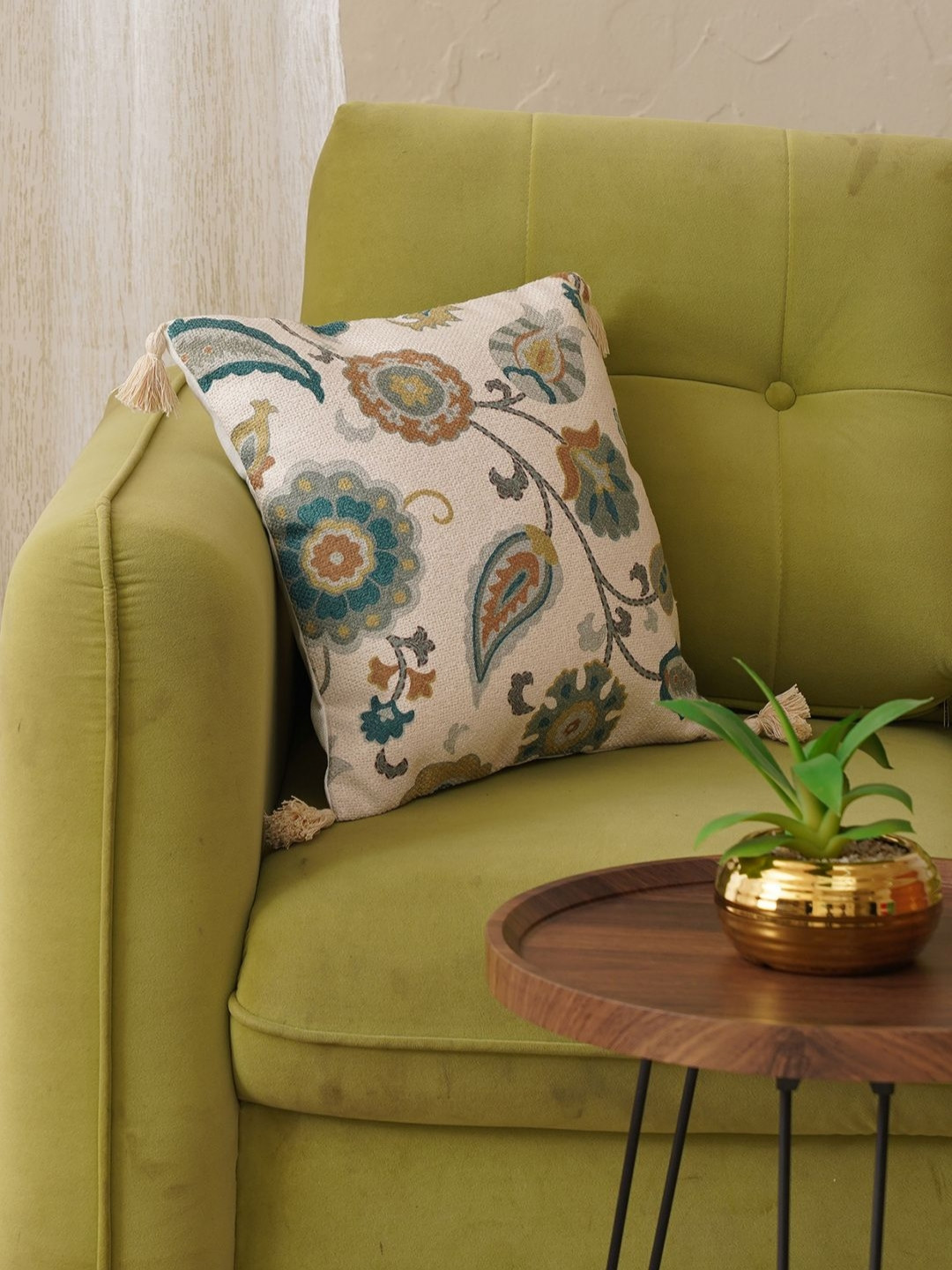 HOME 360 Green & White Ethnic Motifs Printed Square Cushion Covers