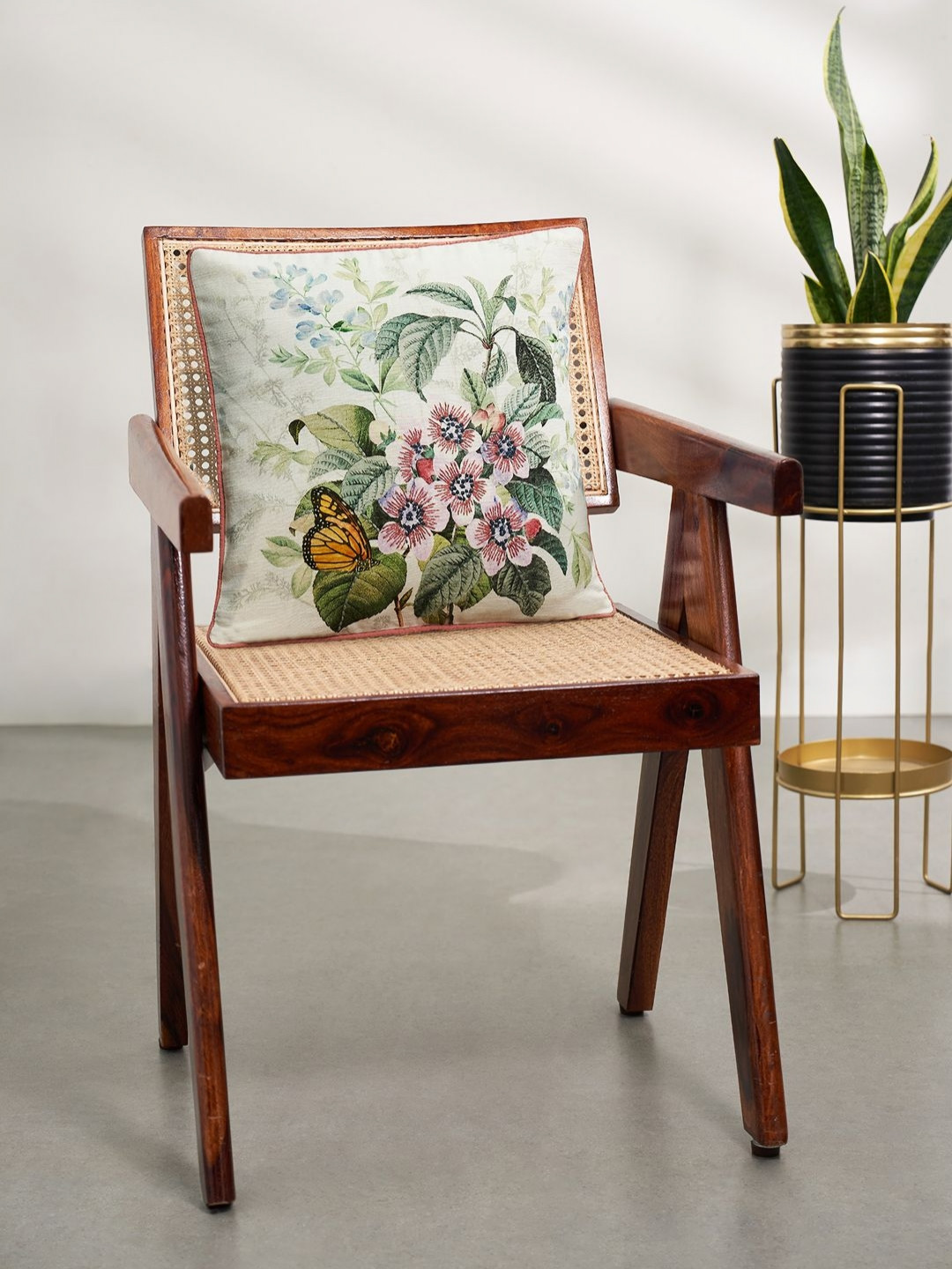 Living scapes by Pantaloons Green Floral Cotton Washable Square Cushion Cover -16x16In