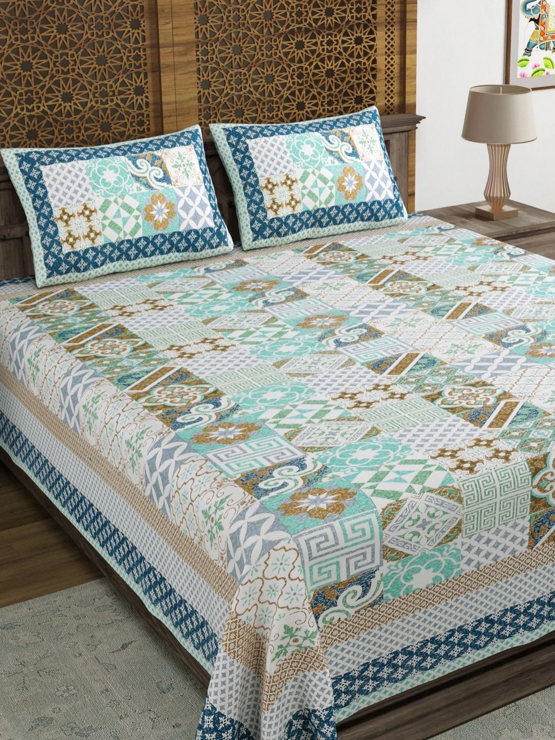 Myntra Elegant Homes Blue Self design Cotton 180 TC King Fine Bedsheet with 2 Pillow Covers-90 x 108 inches