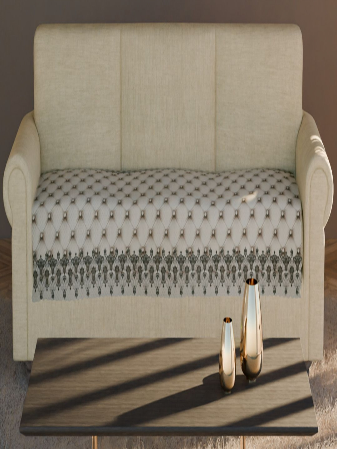 Fashion Throw Cream-Coloured & Grey Printed Velvet 4 Seater Sofa Cover