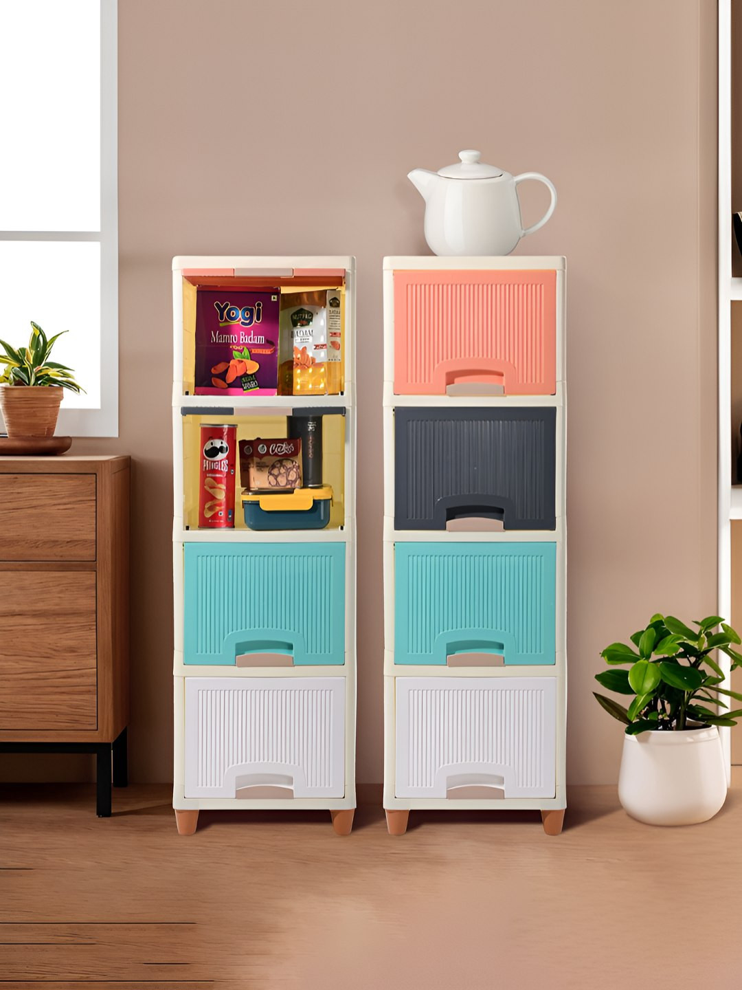 Kuber Industries White & Blue 2 Pieces Striped 8 Unit Foldable Cupboard Storage Organizers