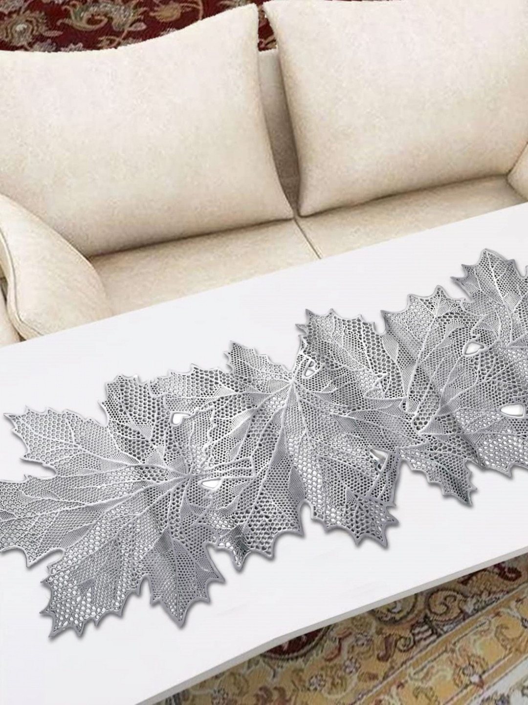 MONKDECOR Silver-Toned Floral Cutwork Design Waterproof Table Runner