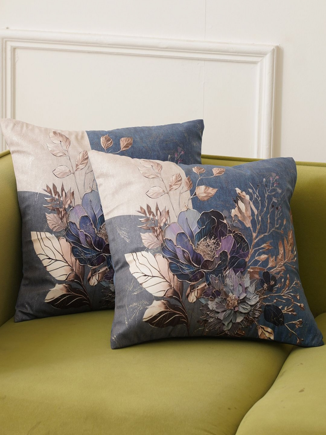 HOME 360 Foil Print Blue Floral Velvet Washable 2 Piece Square Cushion Covers -16x16In