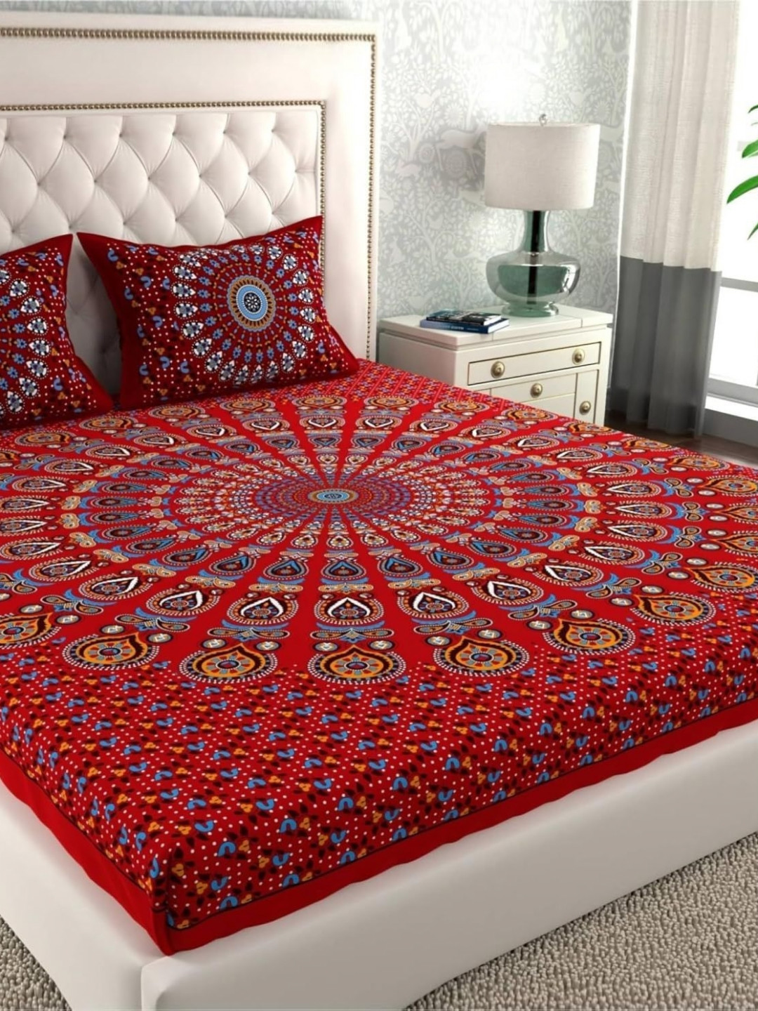 MAGICAL Jaipuri Red Ethnic Motifs Cotton 104 TC Queen Fine Bedsheet with 2 Pillow Covers-93 x 85 inches