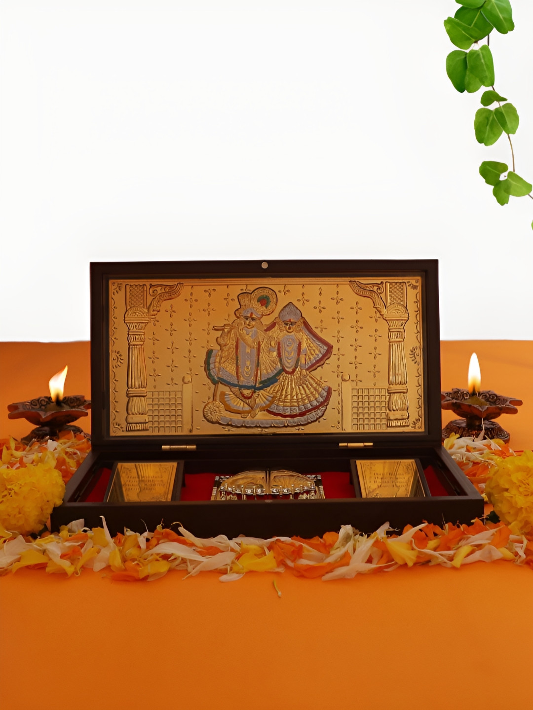 INTERNATIONAL GIFT Radha Krishna Frame with Charan Paduka Gold Metal Metallic Prayer Room Large Showpiece - 2 Inches