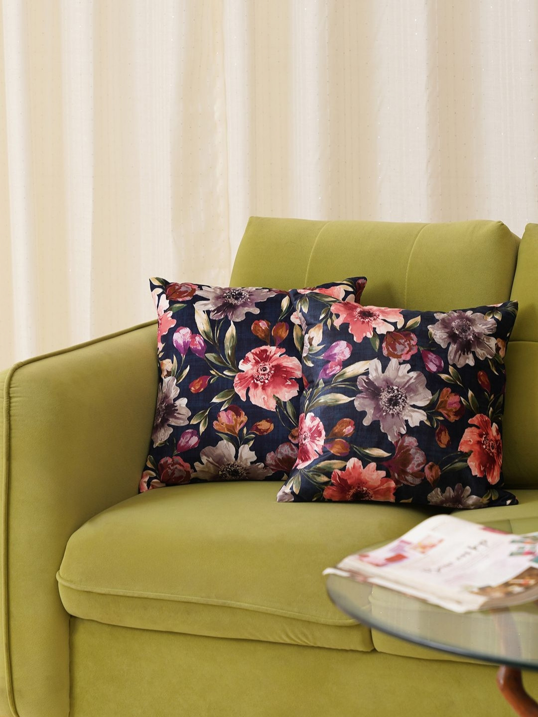 HOME 360 Black Floral Cotton Washable 2 Piece Square Cushion Covers -16x16In