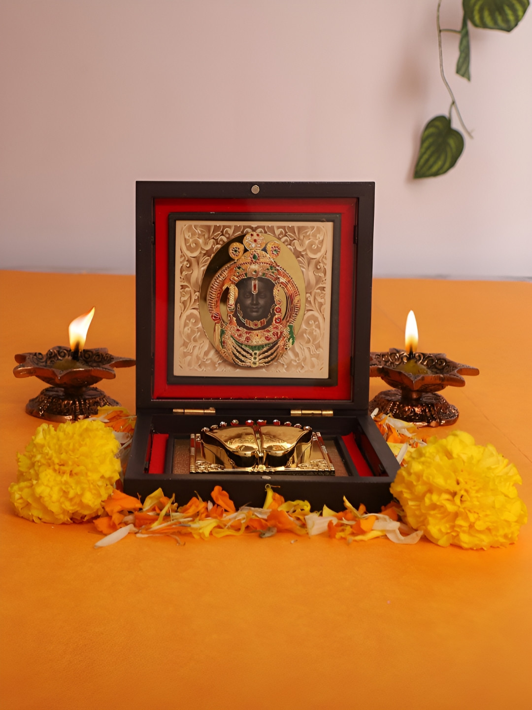 INTERNATIONAL GIFT Shree Ram Frame with Charan Paduka Gold Metal Metallic Prayer Room Medium Showpiece - 1.8 Inches
