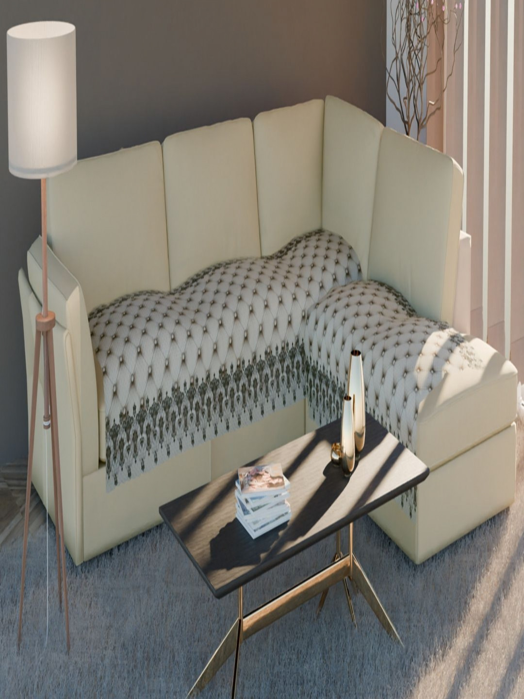 Fashion Throw Cream-Coloured and Grey 2 Pieces Printed Velvet Sofa Covers