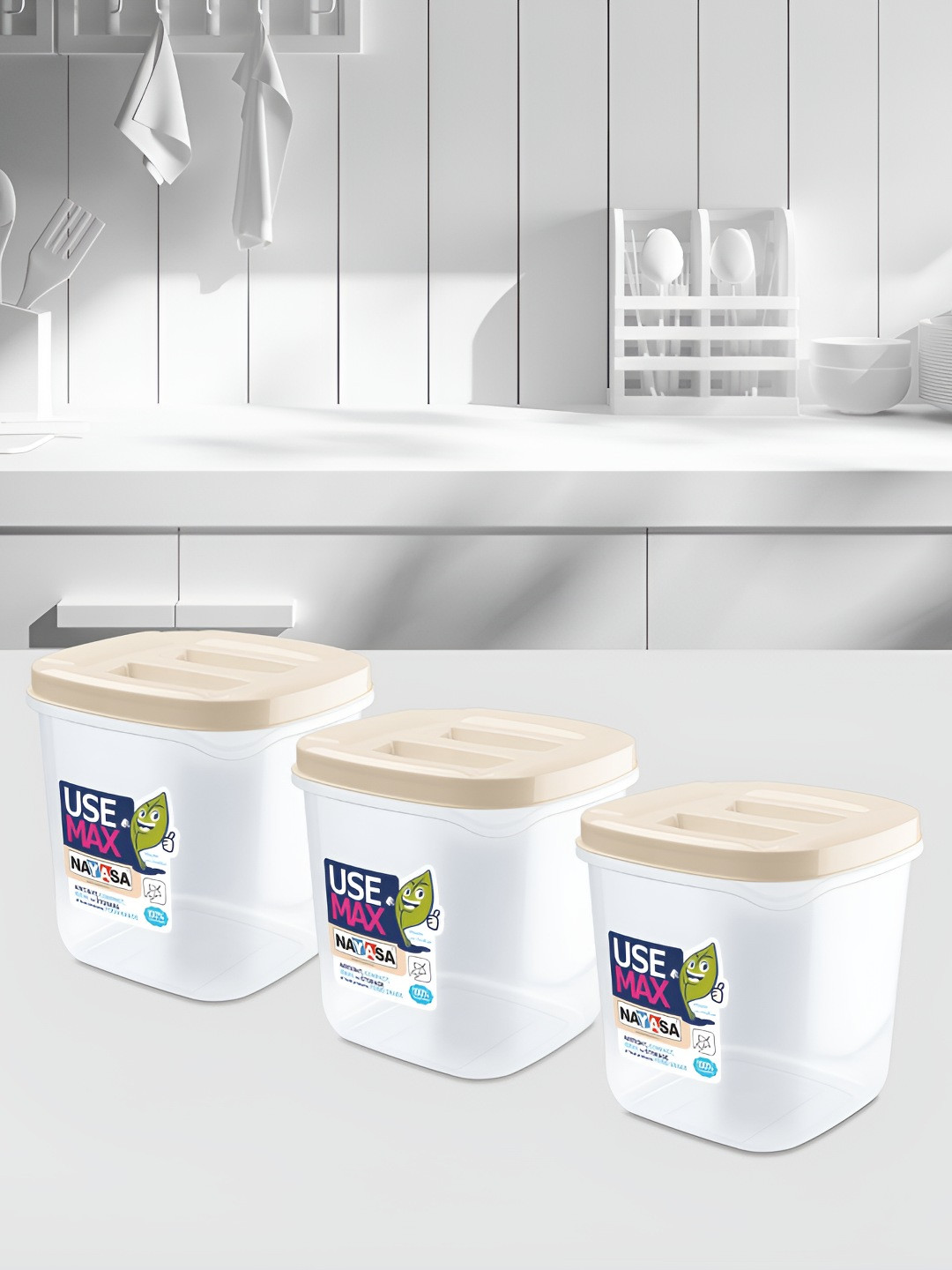 Nayasa Use Max Beige Typography Plastic Air Tight 3 Piece Clip-On Box Container Set-1L