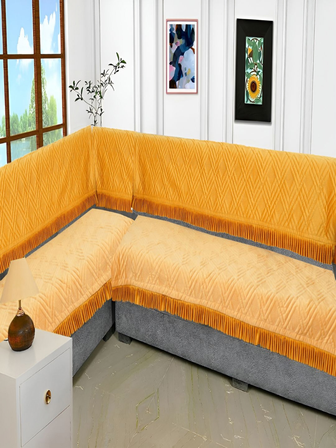 Fashion Throw Yellow 4 Pieces Velvet L-Shaped Sofa Covers