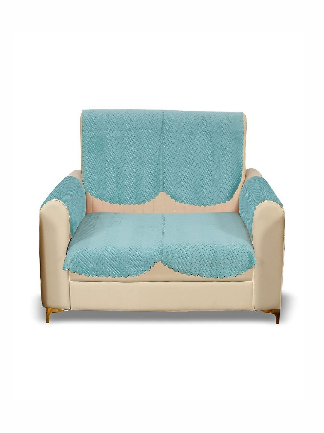Fashion Throw Turquoise Blue 4 Pieces Quilted Two Seater Velvet Sofa Covers With Arms