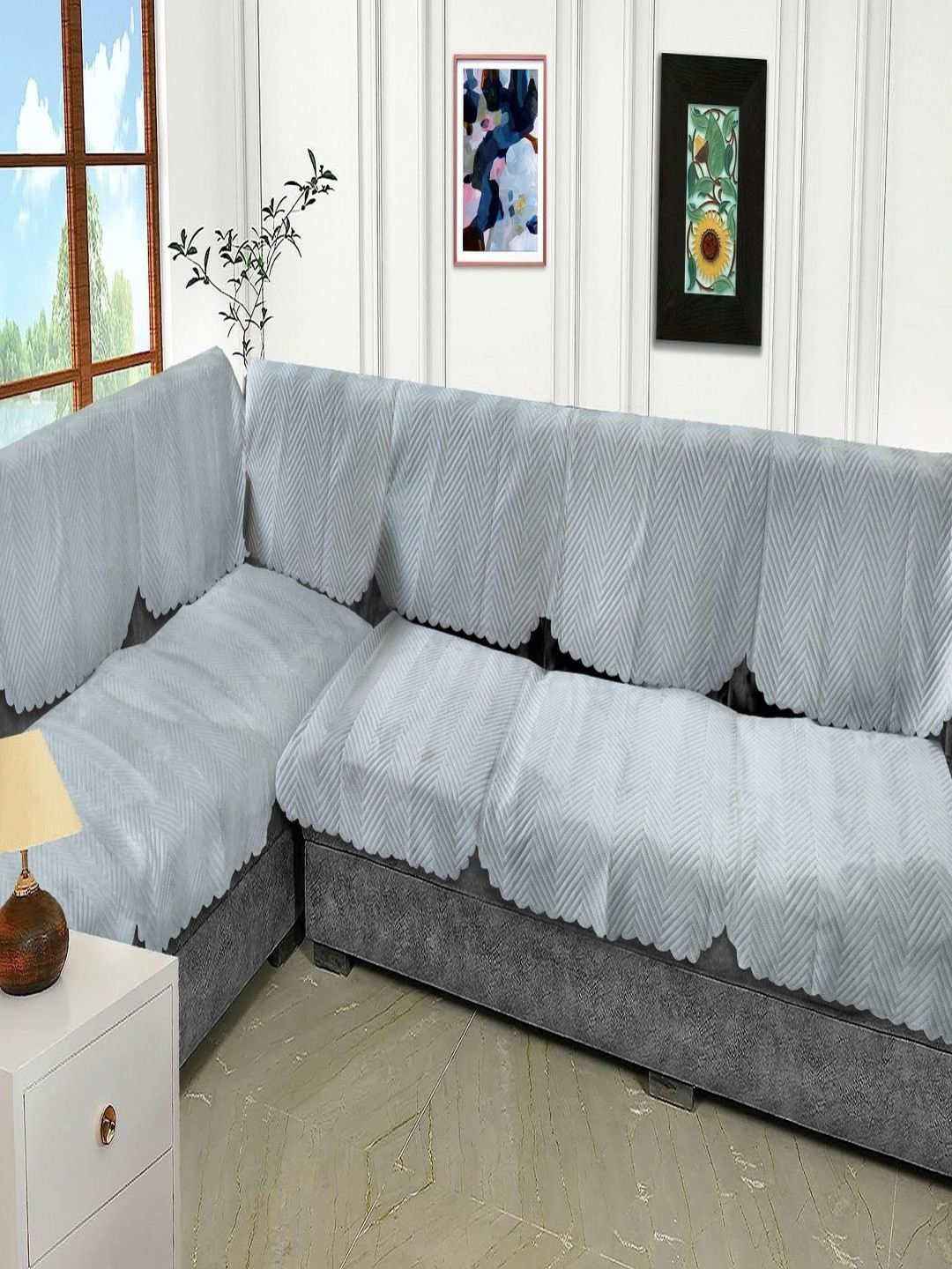 Fashion Throw Grey 6 Pieces Zig Zag Seven Seater L-Shape Velvet Sofa Covers