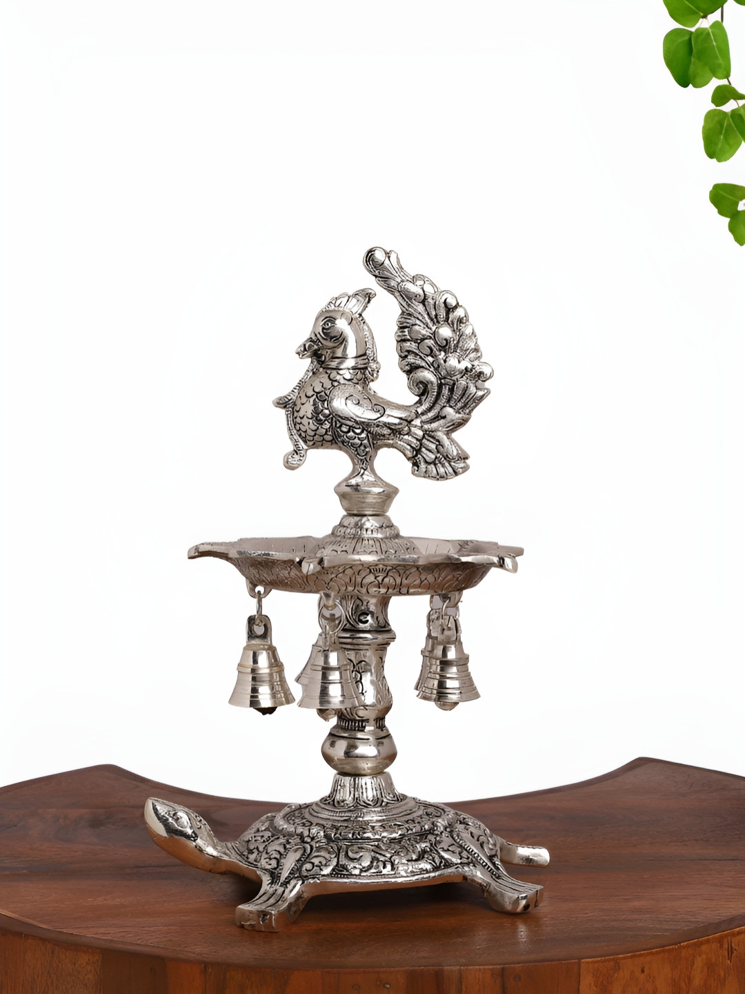 INTERNATIONAL GIFT Peacock Diya with Tortoise Base and Bells Silver Metal Metallic Prayer Room Large Showpiece - 2.2 Inches