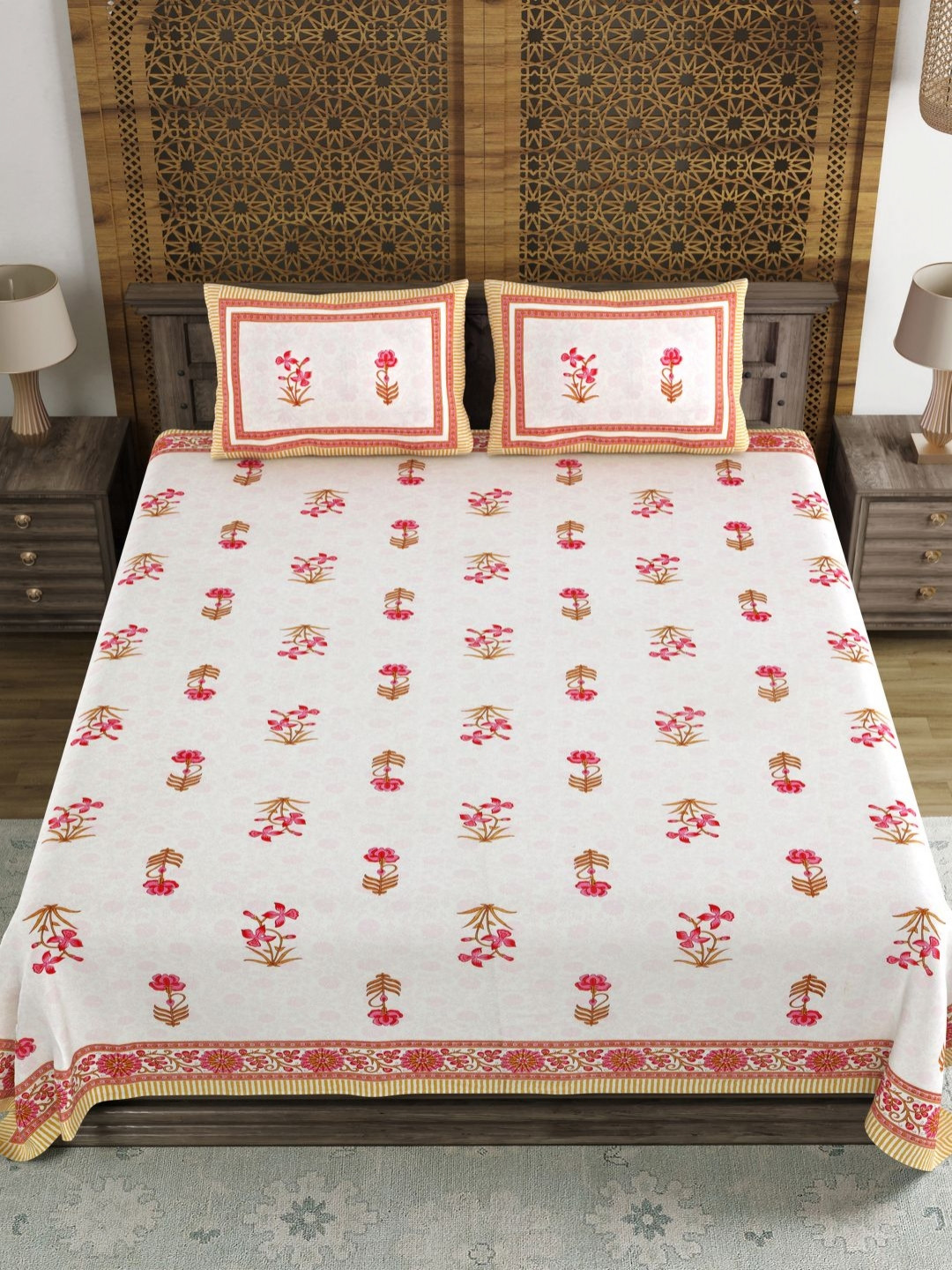 Myntra Elegant Homes Pink Floral Cotton 180 TC King Fine Bedsheet with 2 Pillow Covers-90 x 108 inches