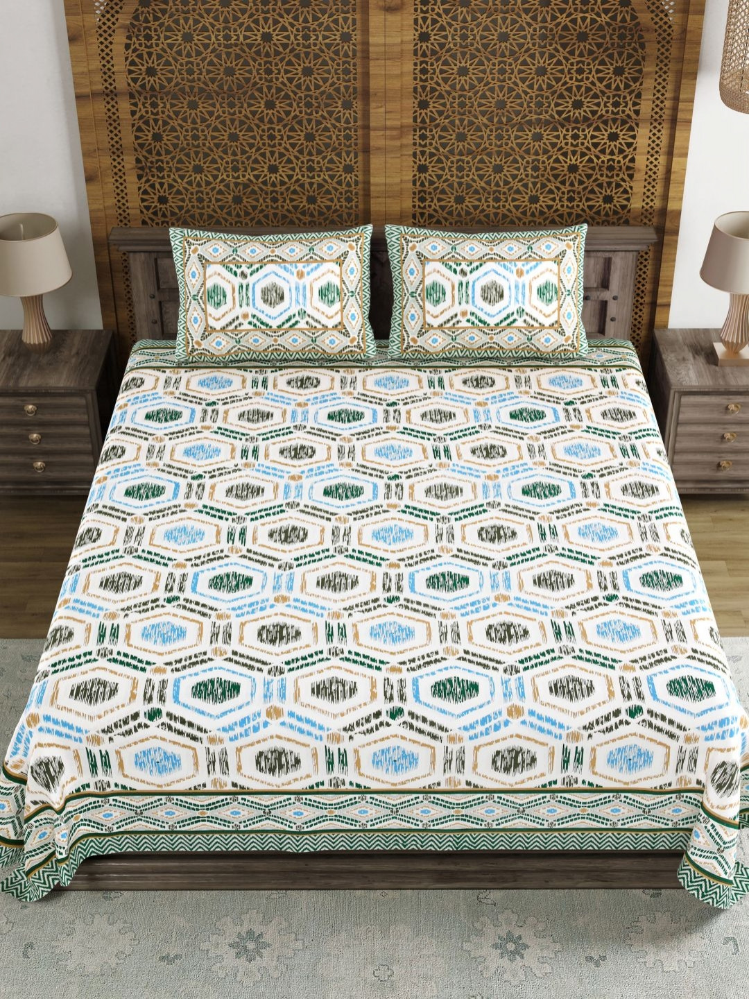 Myntra Elegant Homes Green Geometric Cotton Shrink Resistant 180 TC King Fine Bedsheet with 2 Pillow Covers-90 x 108 inches