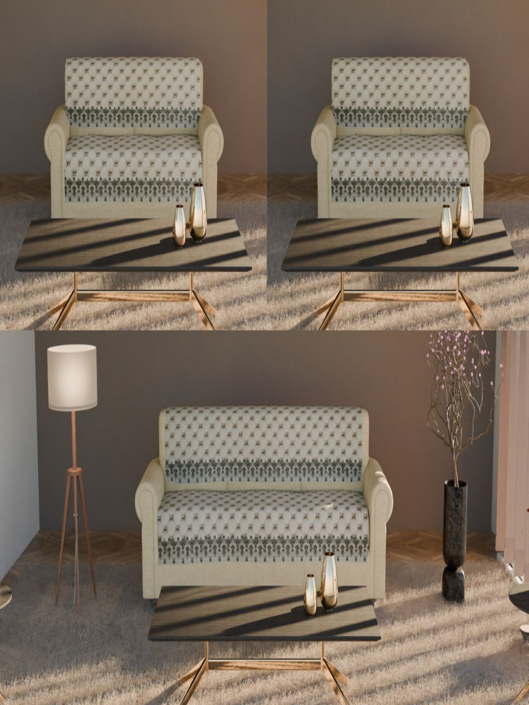 Fashion Throw Cream-Coloured & Grey 6 Pieces Printed Velvet Sofa Covers