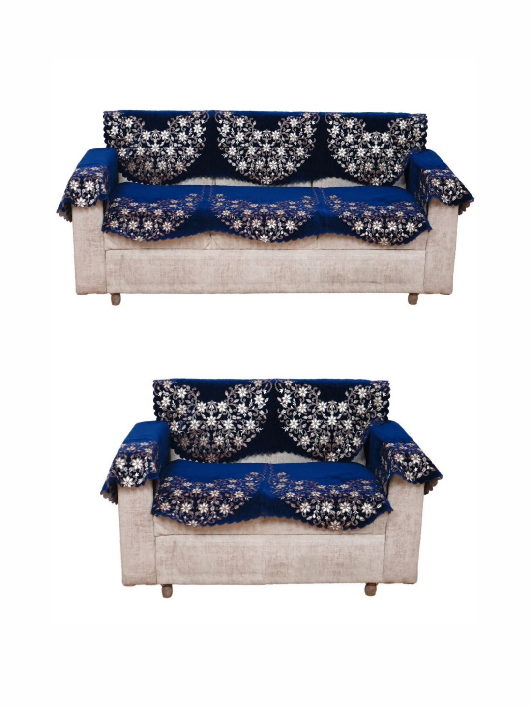 Fashion Throw Navy Blue 8 Pieces Floral Five Seater Jacquard Sofa Cover With Arms