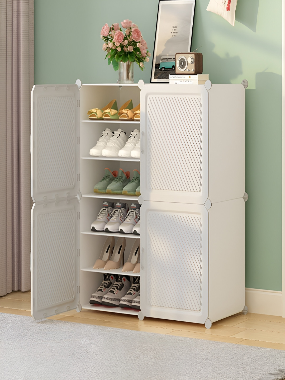 Sasimo White Self Design 4 Door & 12 Layers Water Resistant Shoes Organiser