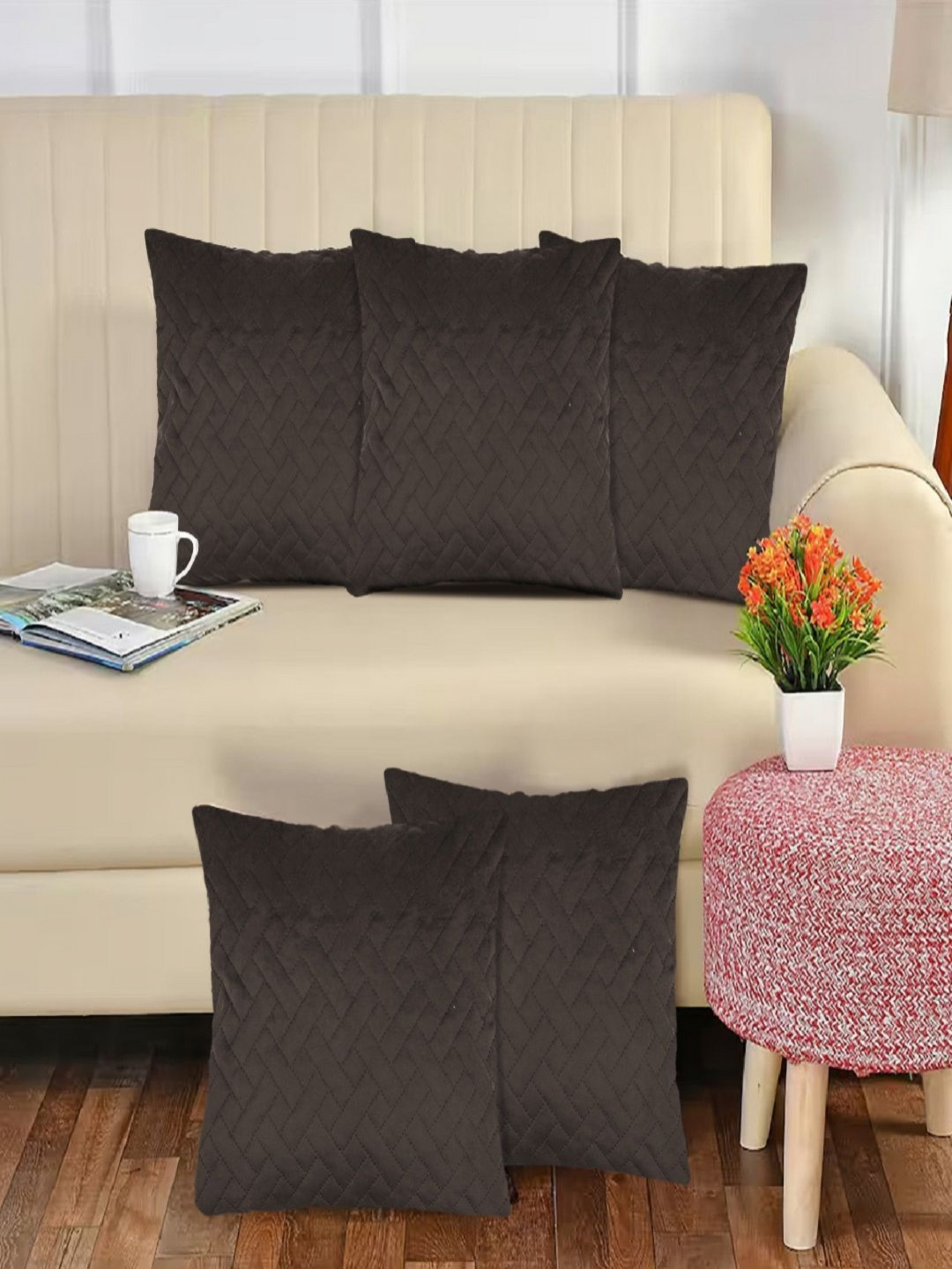 Myntra Elegant Homes Brown Geometric Velvet Quilted 5 Square Cushion Covers -16x16In