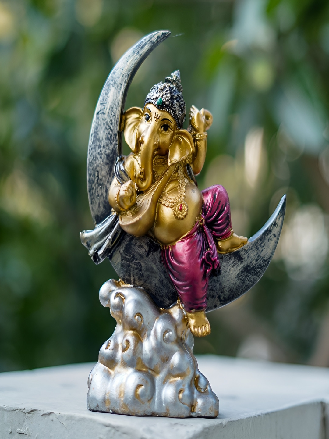 Craftlayout Ganesh Sitting on Moon Gold Polyresin Metallic Prayer Room Medium Showpiece - 7.9 Inches