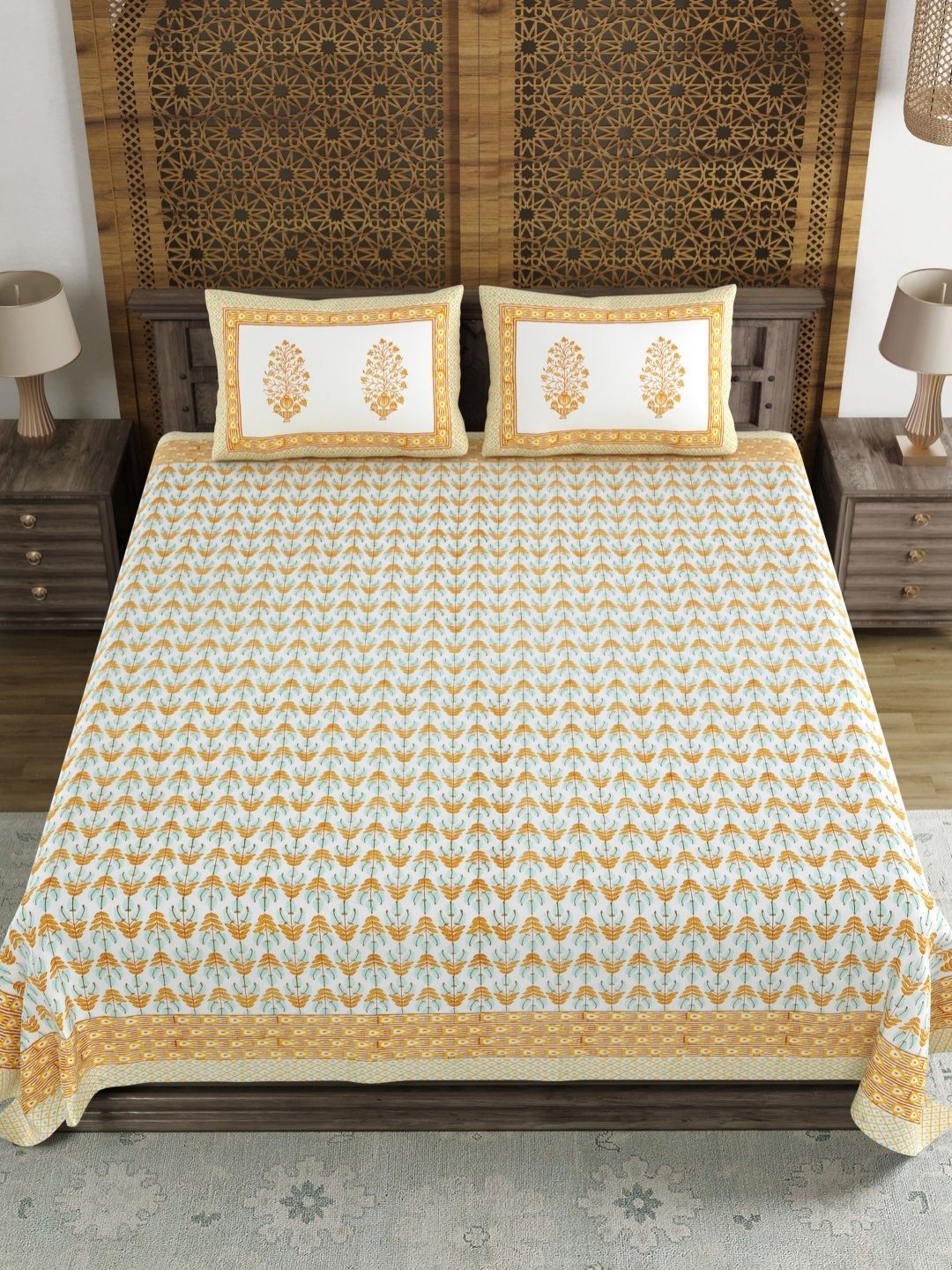 Myntra Elegant Homes White Graphic Cotton 180 TC King Fine Bedsheet with 2 Pillow Covers-90 x 108 inches