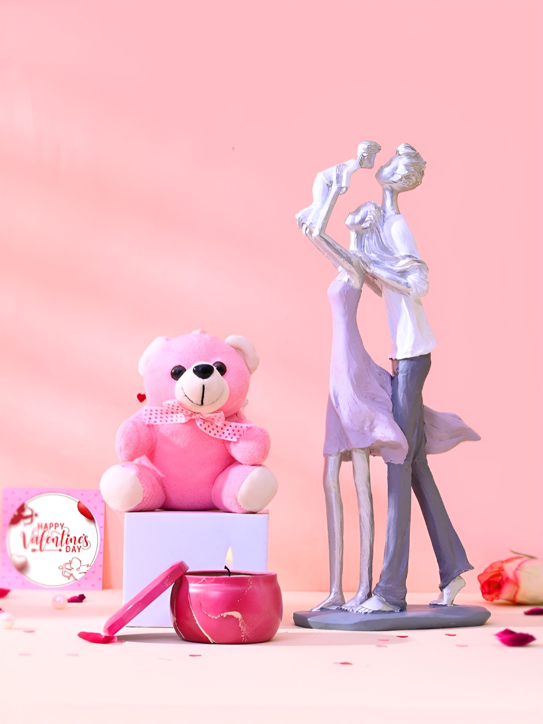TAYHAA Pink And White 3 Pieces Beautiful Family Showpiece With Candle And Teddy Gift Set