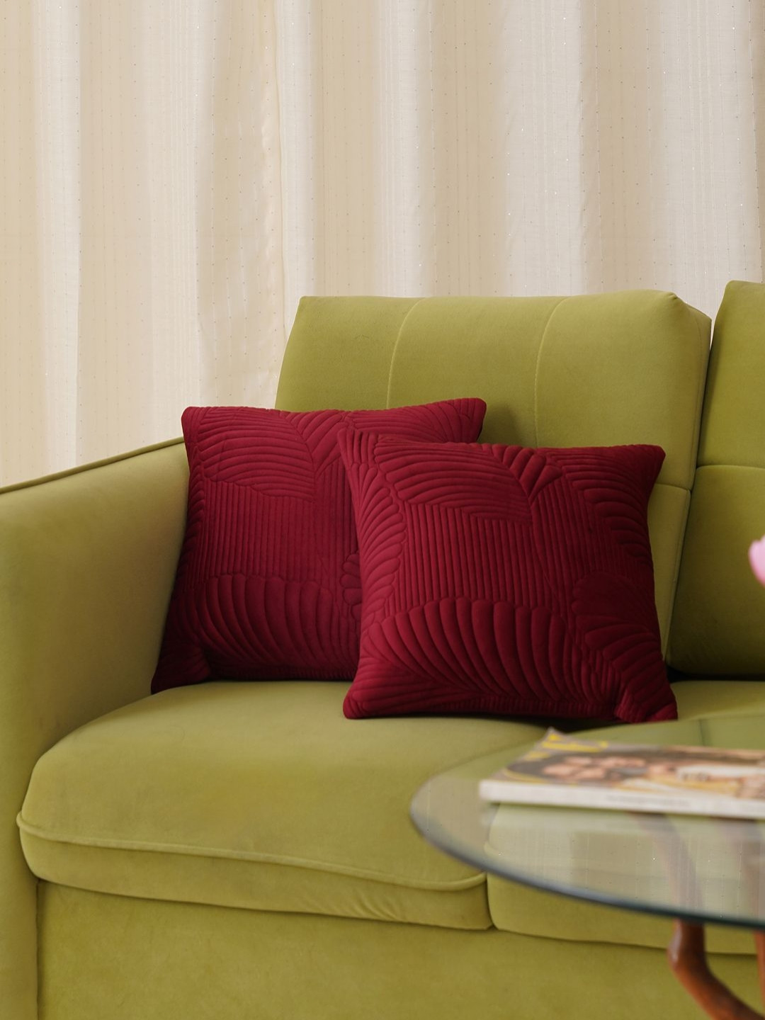 HOME 360 Meridian Red Leaf Velvet Washable 2 Piece Square Cushion Covers - 16 x 16 Inches